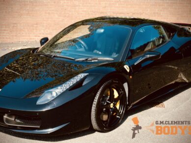 Black Ferrari photographed at Clements Bodyshop