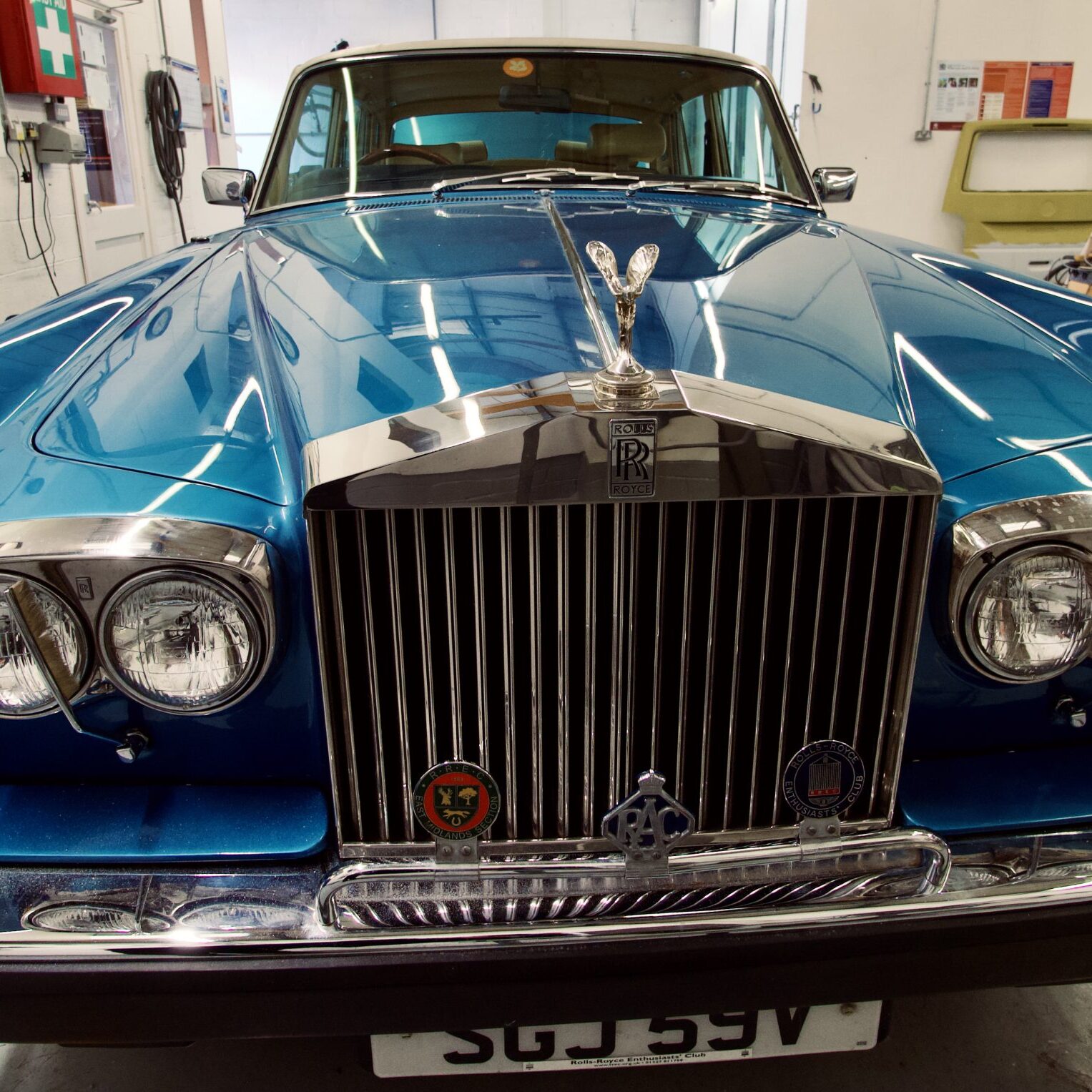 Classic blue Rolls-Royce in the Clements Bodyshop workshop