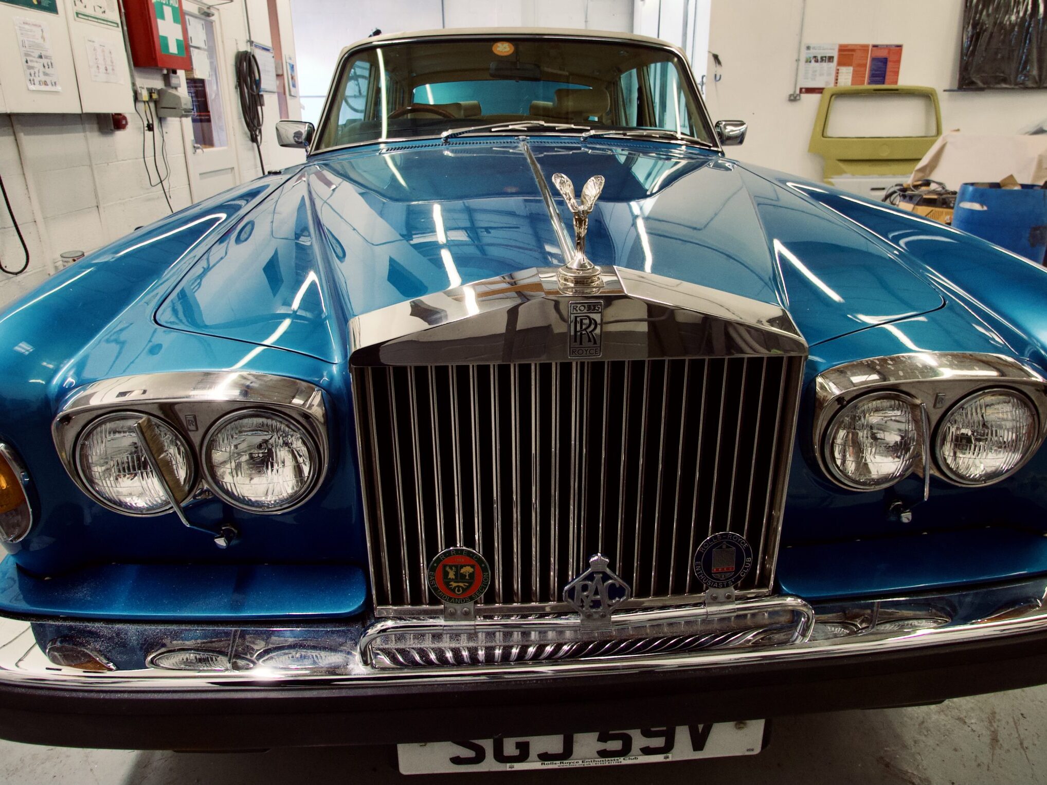 Classic blue Rolls-Royce in the Clements Bodyshop workshop