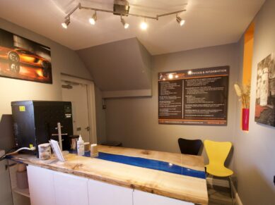 Reception and waiting area at Clements Bodyshop
