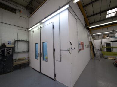Spray booth doors inside the workshop